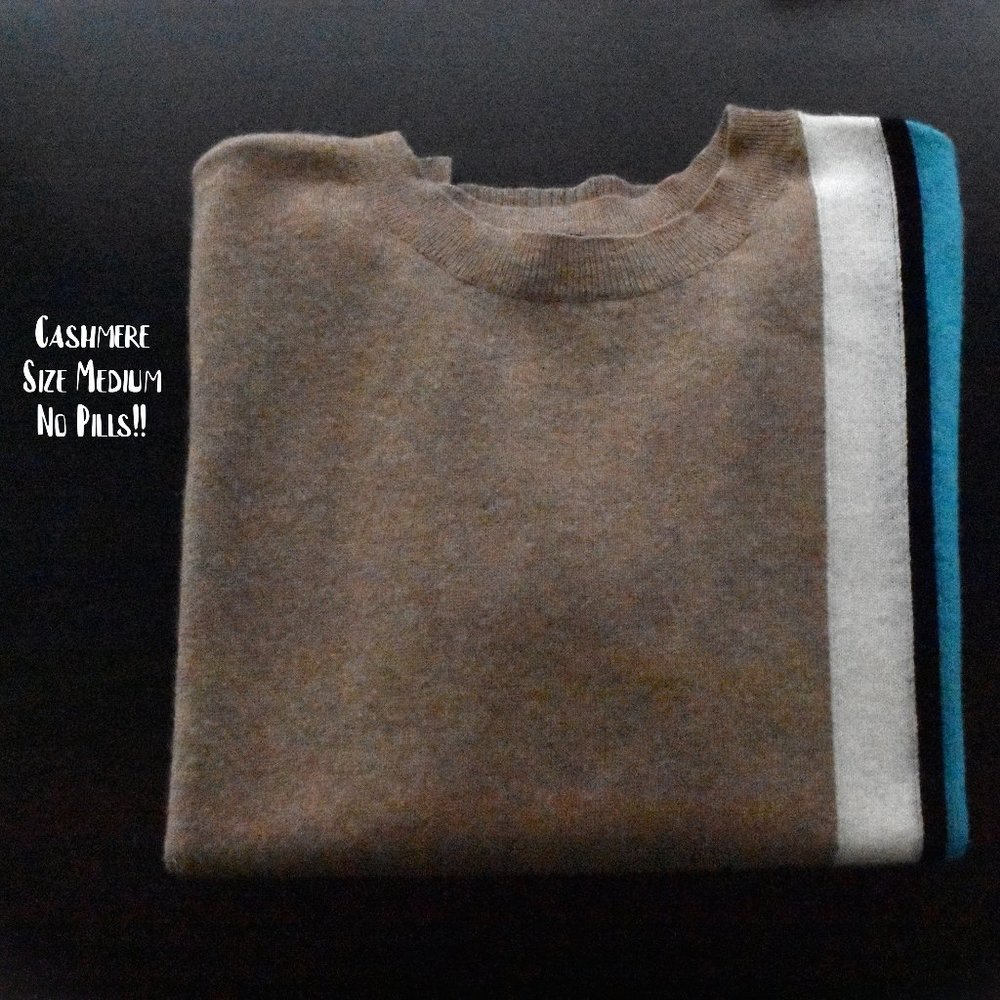 Charter Club Sweater M Cashmere Long Sleeve Crew Neck Tan Blue